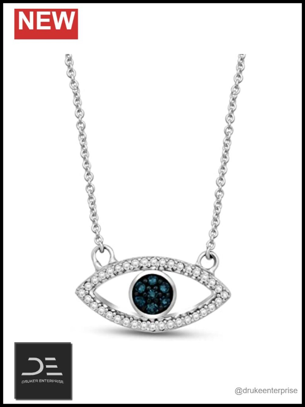 Sterling Silver Evil Eye Pendant Necklace with Real Diamonds 18" Cable Chain